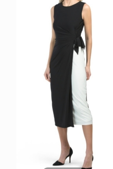 Carmen Marc Valvo Side Tie Color Block Midi Dress - Picture 1 of 11